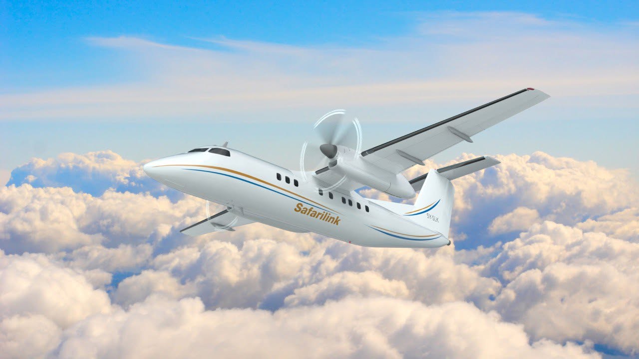 Safarilink Dash 8 aircraft cruising above the clouds