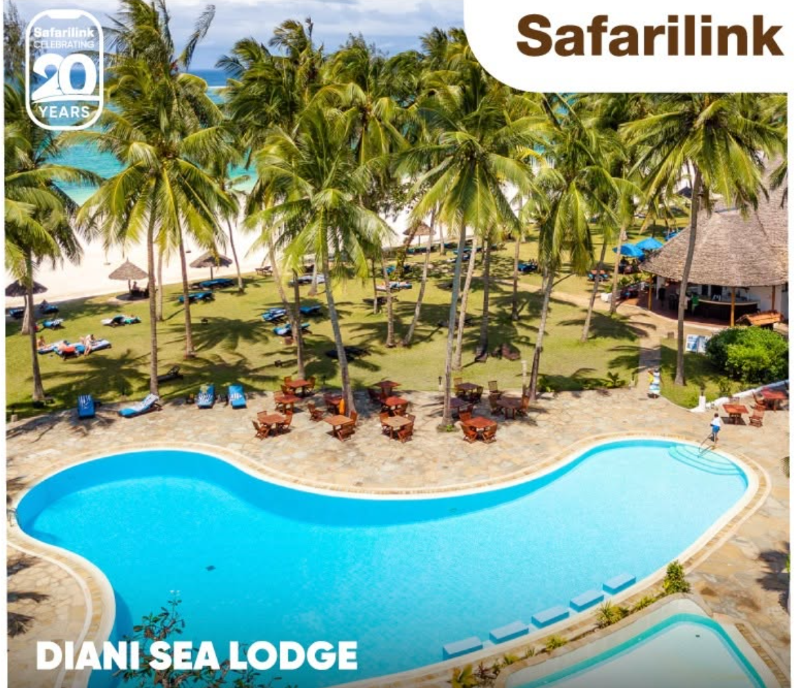 Aerial view of the pool and palms at Diani Sea Lodge on the Kenyan coast