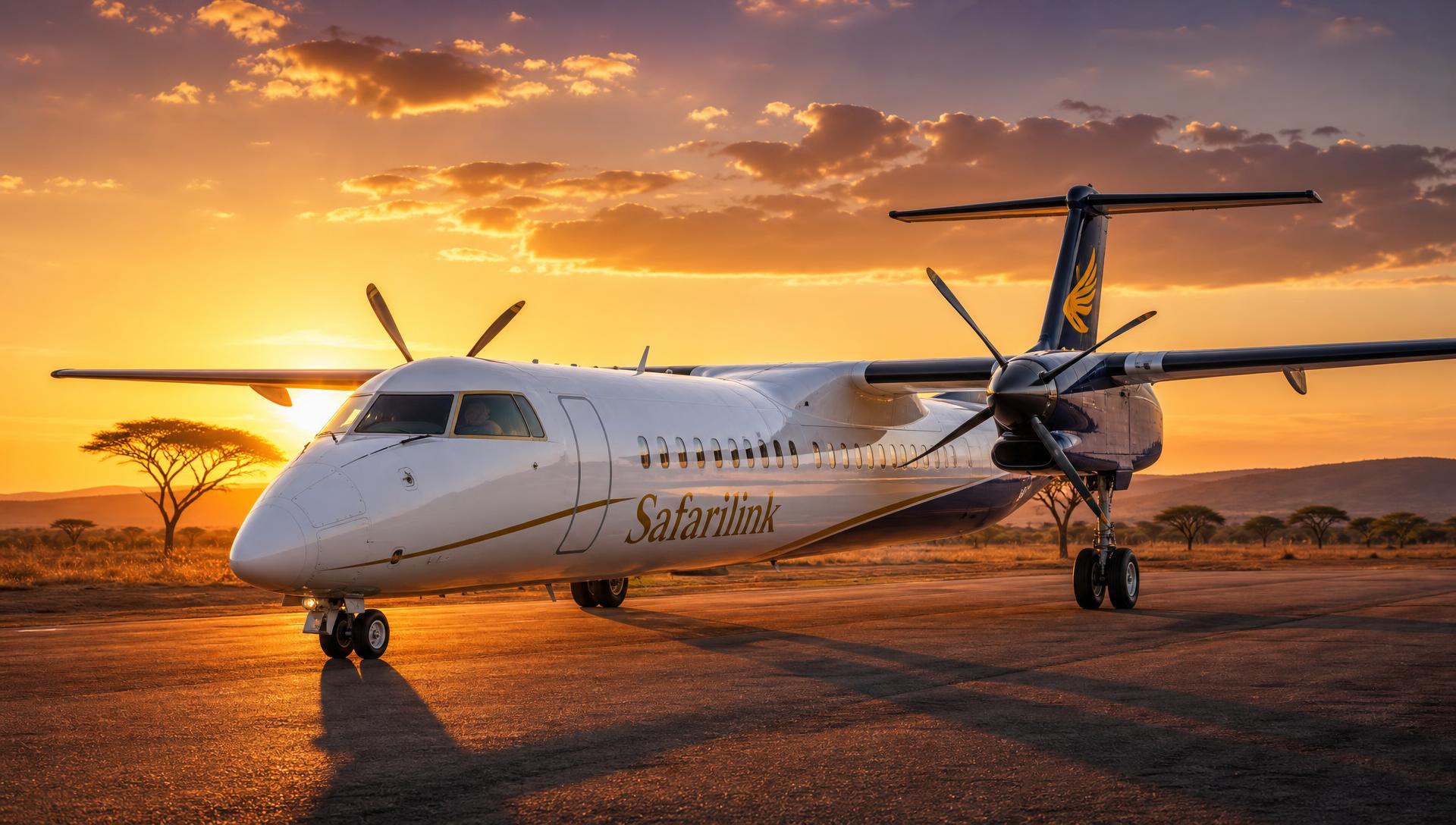Safarilink Dash 8 standing on a rural airstrip at golden-hour sunset