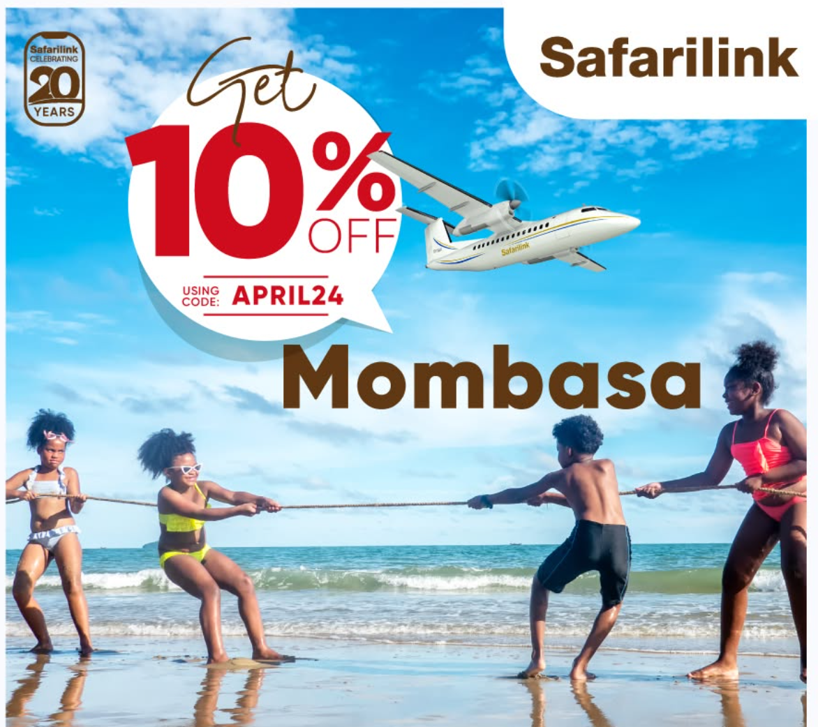 Safarilink Mombasa offer poster with children playing on the beach